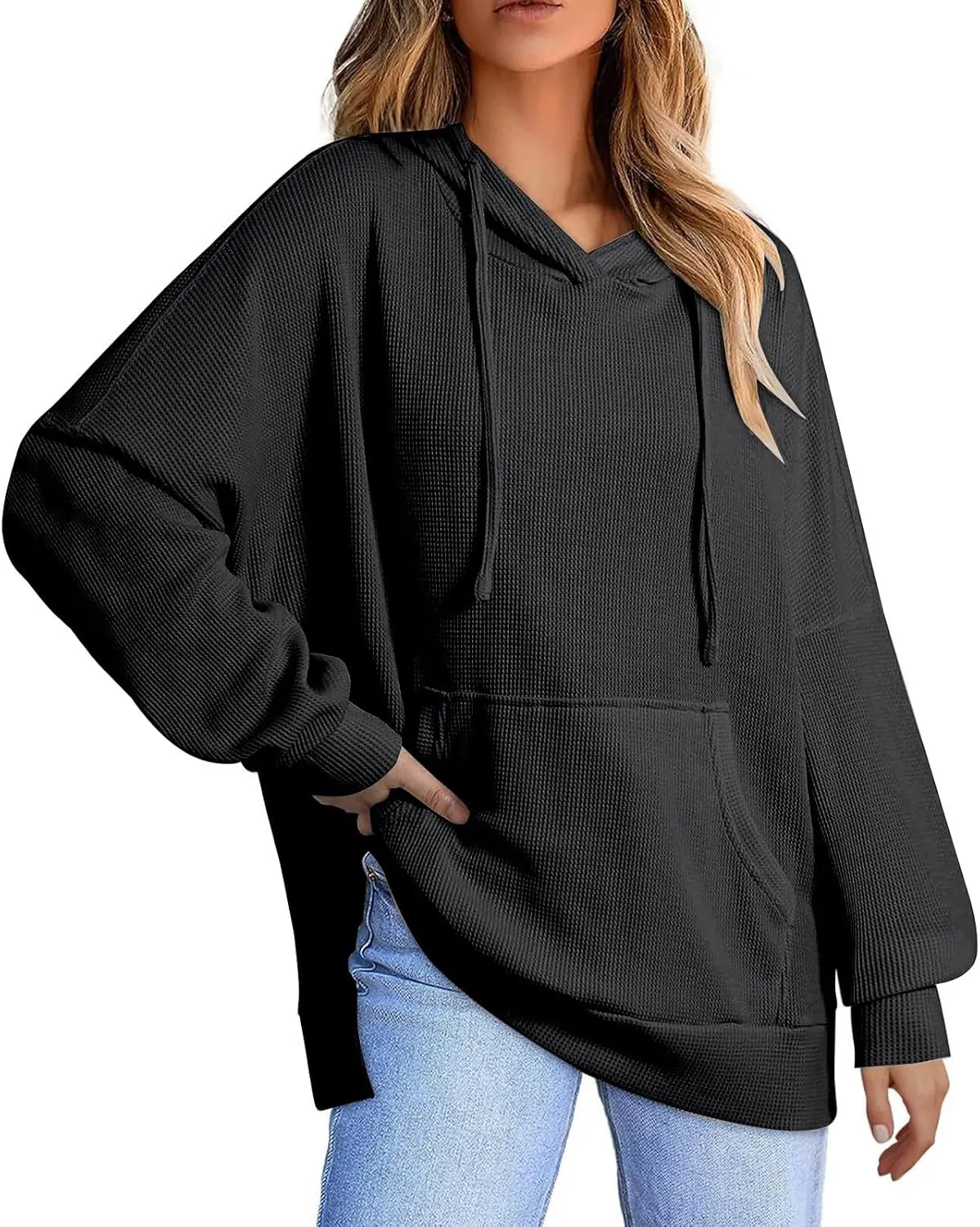 Oversized Hoodies for Women Waffle Knit Drawstring Hooded Sweatshirt with Pocket Casual Side Slit Pullover Sweaters