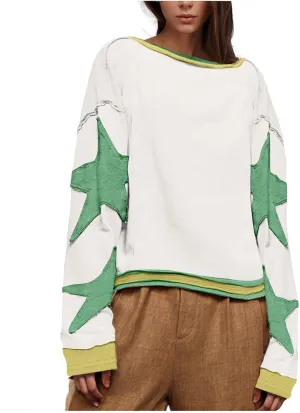 Oversized Star Sweatshirts for Women 2024 Fall Fashion Long Sleeve Shirts Crewneck Drop Shoulder Vintage Graphic Pullover