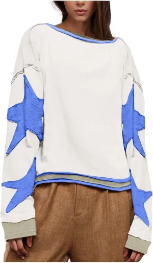 Oversized Star Sweatshirts for Women 2024 Fall Fashion Long Sleeve Shirts Crewneck Drop Shoulder Vintage Graphic Pullover