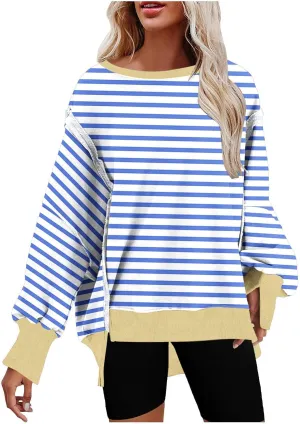 Oversized Sweatshirt for Women 2024 Long Sleeve Striped Sweatshirts Crewneck Corded Pullover Top Fall Winter Outfits