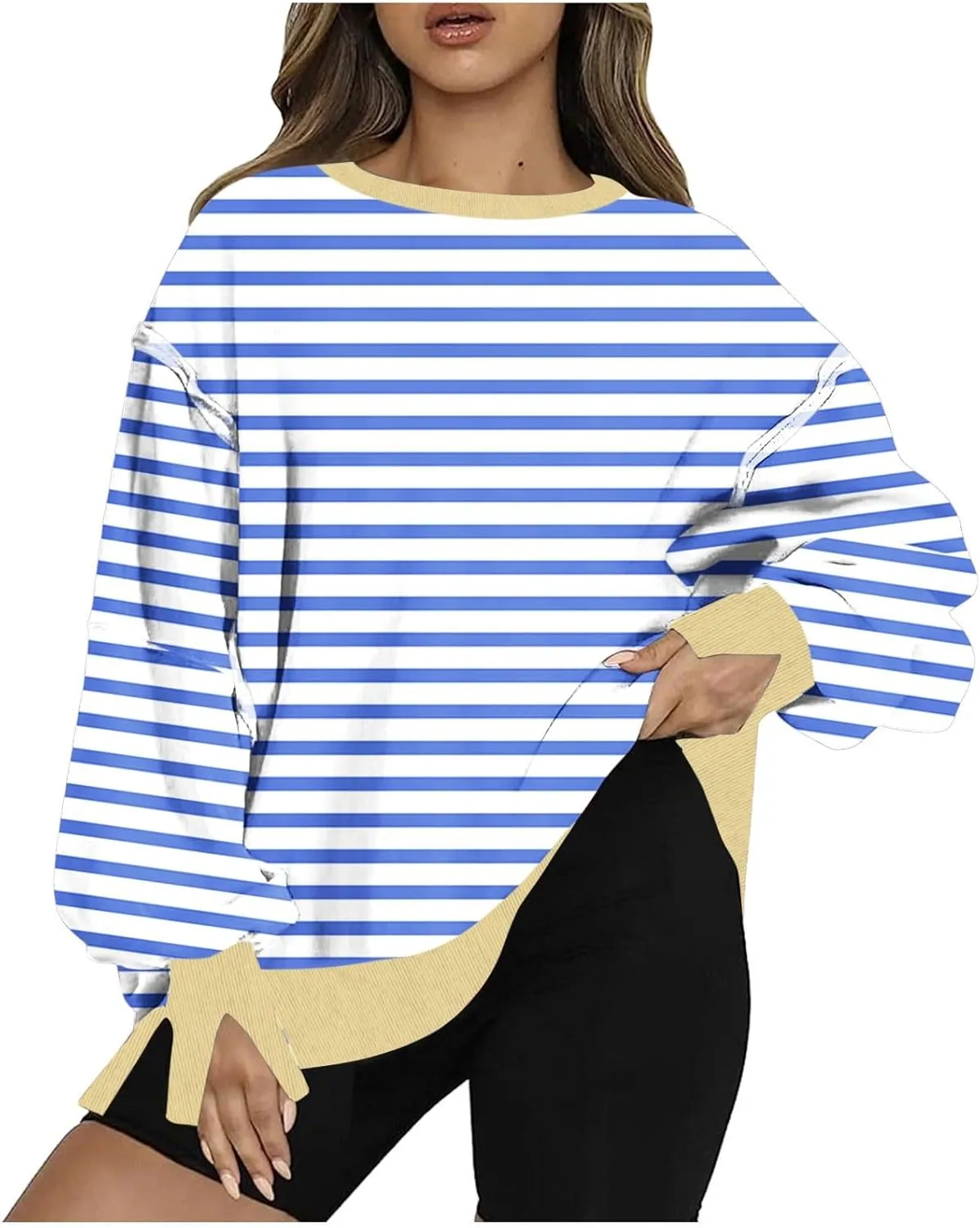 Oversized Sweatshirt for Women 2024 Long Sleeve Striped Sweatshirts Crewneck Corded Pullover Top Fall Winter Outfits