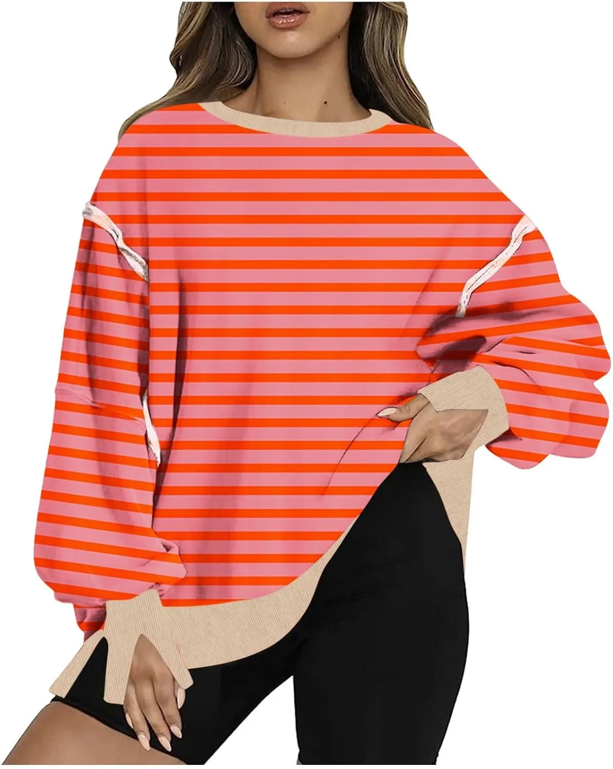 Oversized Sweatshirt for Women 2024 Long Sleeve Striped Sweatshirts Crewneck Corded Pullover Top Fall Winter Outfits