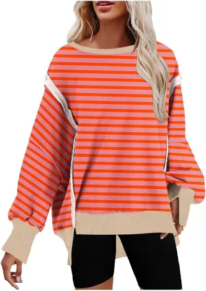 Oversized Sweatshirt for Women 2024 Long Sleeve Striped Sweatshirts Crewneck Corded Pullover Top Fall Winter Outfits
