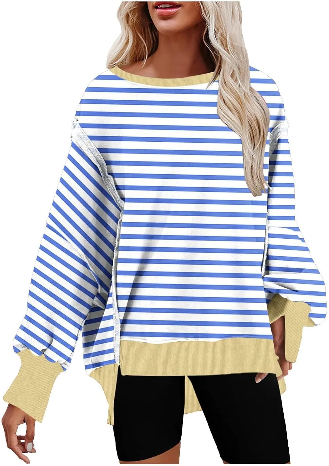 Oversized Sweatshirt for Women 2024 Long Sleeve Striped Sweatshirts Crewneck Corded Pullover Top Fall Winter Outfits