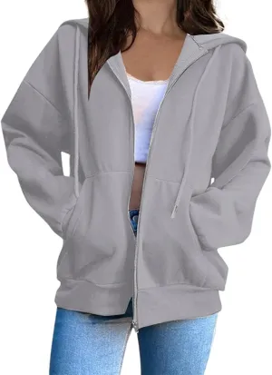 Oversized Zip Up Hoodie for Women Fall Y2k Jacket Fleece Long Sleeve Sweatshirt with Pocket Fashion Clothes 2024