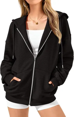 Oversized Zip Up Hoodie Women Long Sleeve Hooded Preppy Sweatshirts with Pockets Casual Jacket Y2k Fall Outfits 2024