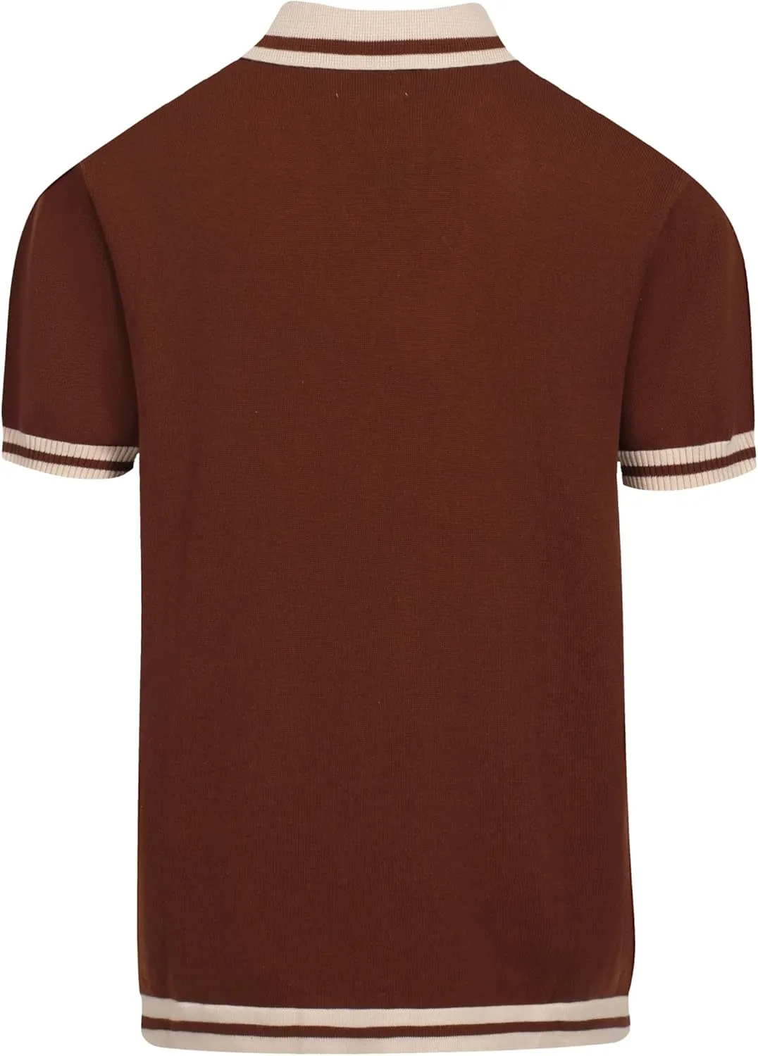 OXKNIT Mens Retor Polo Striped Brown V-Neck Knitted Shirt 1960s Mod Style Vintage Collared T Shirt