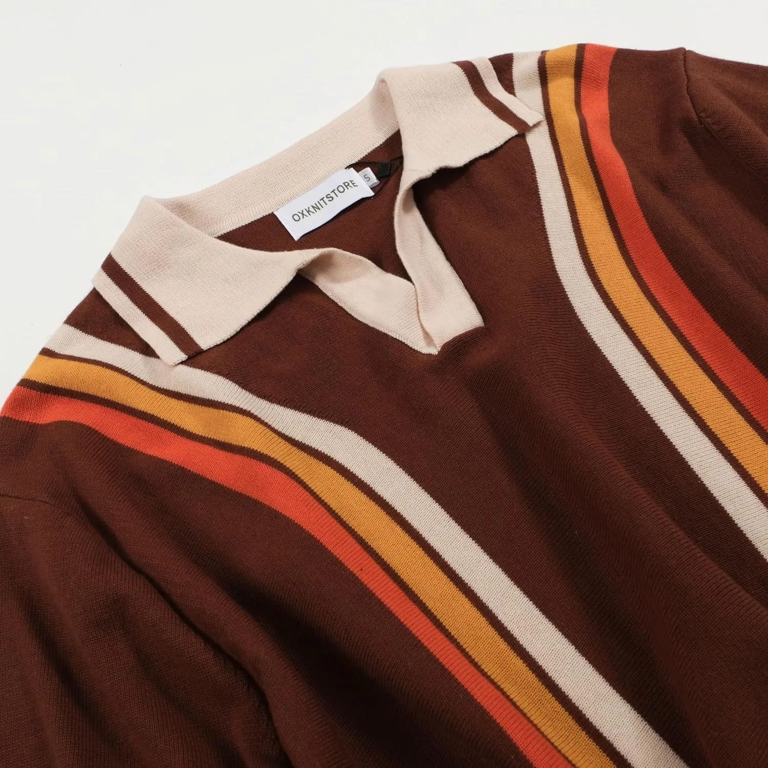 OXKNIT Mens Retor Polo Striped Brown V-Neck Knitted Shirt 1960s Mod Style Vintage Collared T Shirt