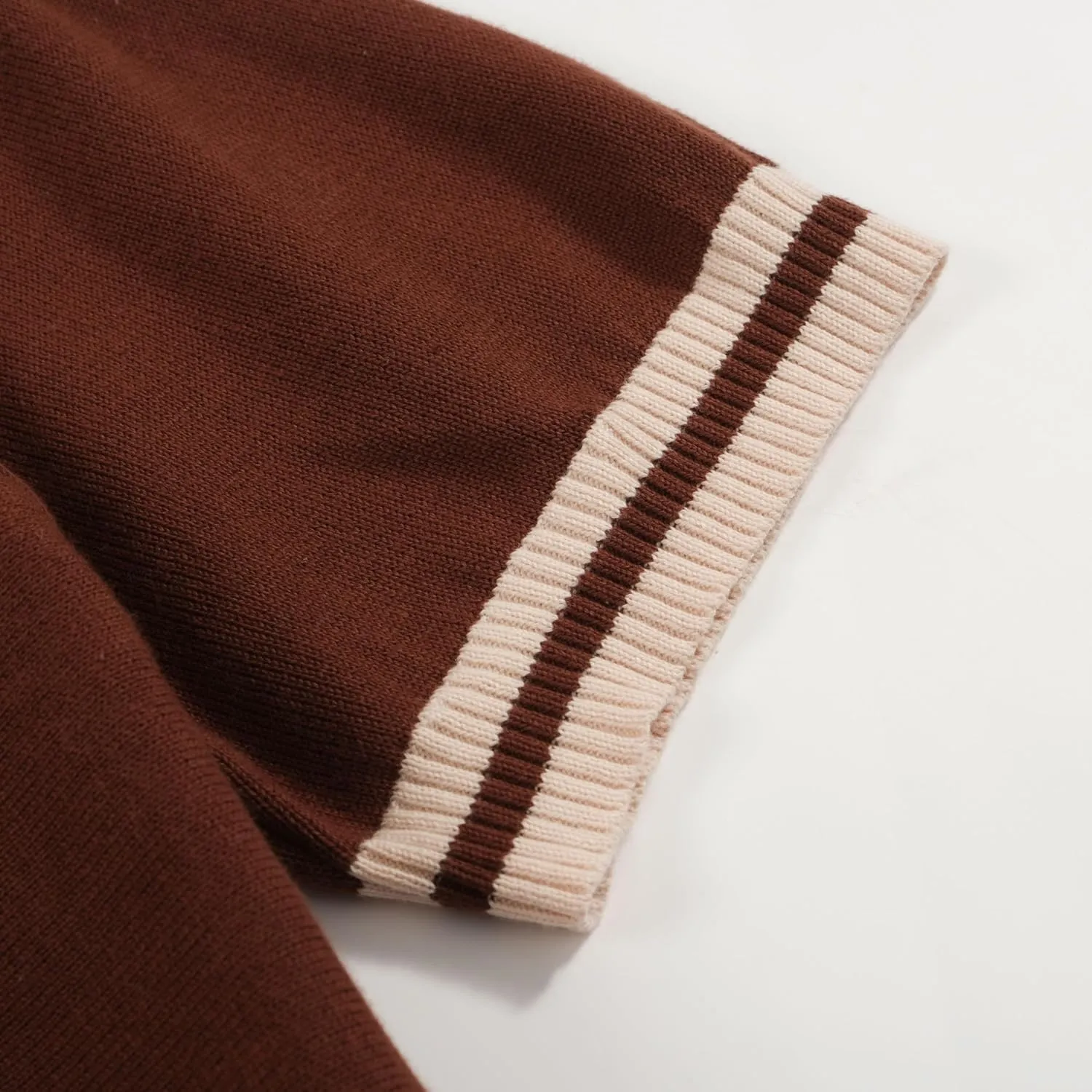 OXKNIT Mens Retor Polo Striped Brown V-Neck Knitted Shirt 1960s Mod Style Vintage Collared T Shirt