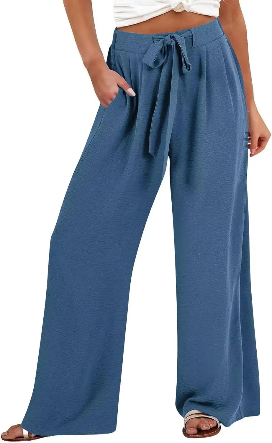 Palazzo Pants for Women Casual Wide Leg Pants Ruffle Smocked High Waisted Pant Flowy Boho Beach Trousers with Pocket
