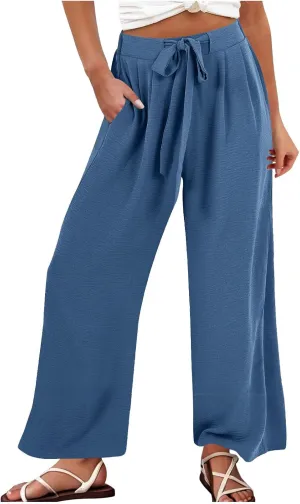 Palazzo Pants for Women Casual Wide Leg Pants Ruffle Smocked High Waisted Pant Flowy Boho Beach Trousers with Pocket