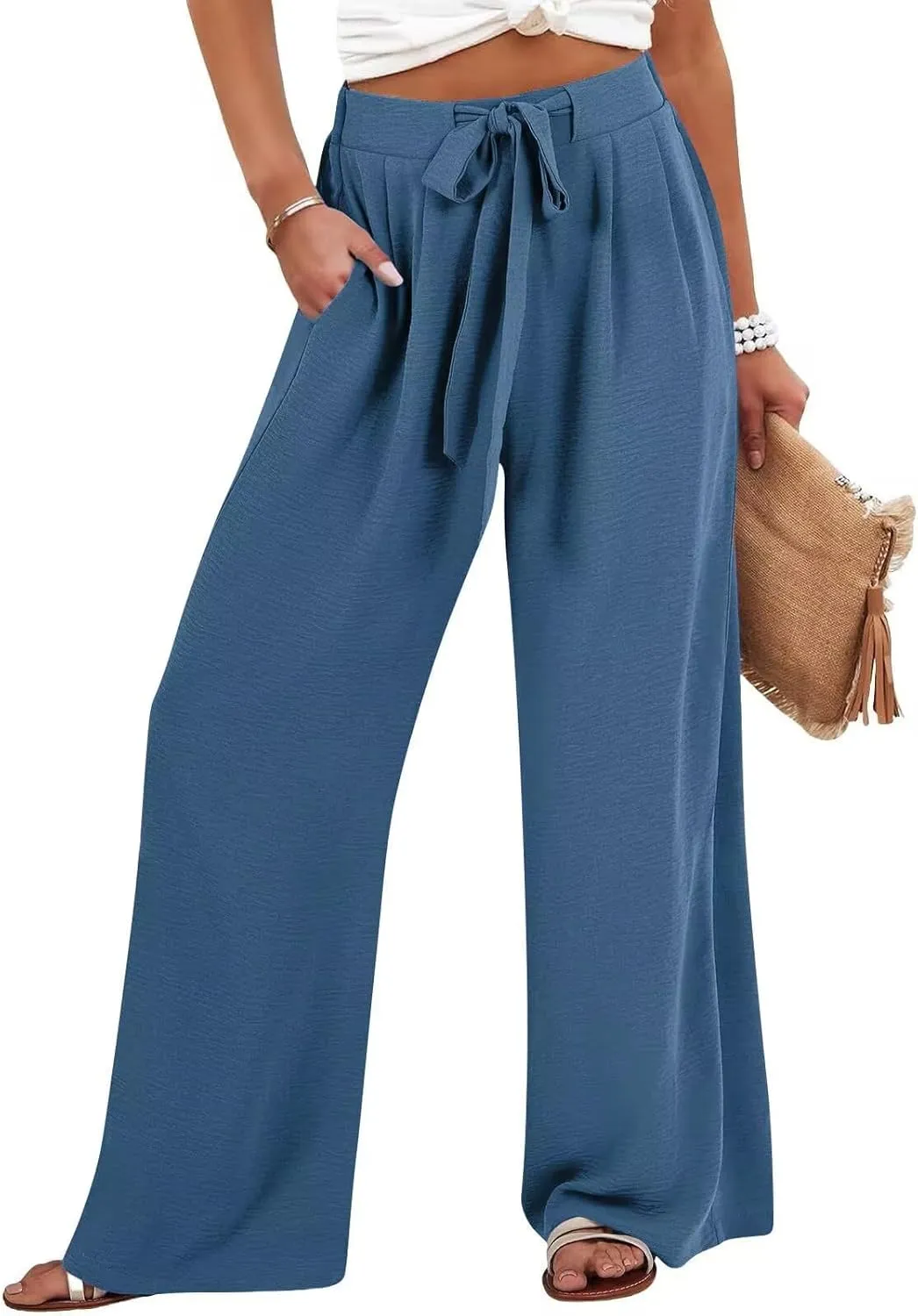 Palazzo Pants for Women Casual Wide Leg Pants Ruffle Smocked High Waisted Pant Flowy Boho Beach Trousers with Pocket