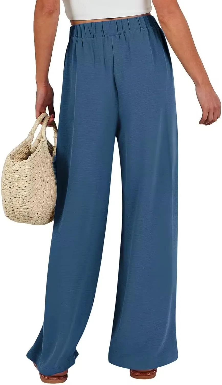 Palazzo Pants for Women Casual Wide Leg Pants Ruffle Smocked High Waisted Pant Flowy Boho Beach Trousers with Pocket