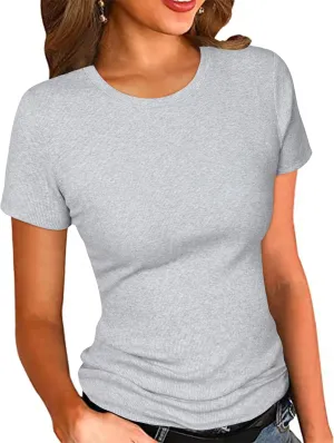 PALINDA Women's Crew Neck Ribbed Fitted Shirt Basic Short Sleeves Summer T Shirt Tops