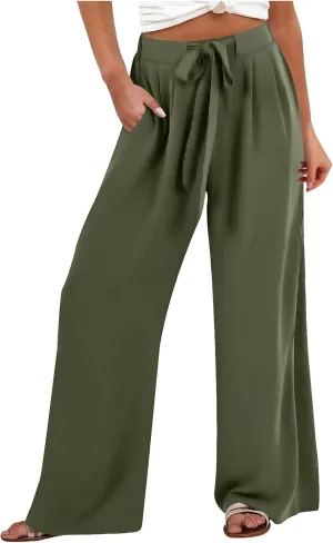 Pants for Women Trendy Casual Wide Leg Business Trousers High Waist Bandage Loose Long Pants with Pocket