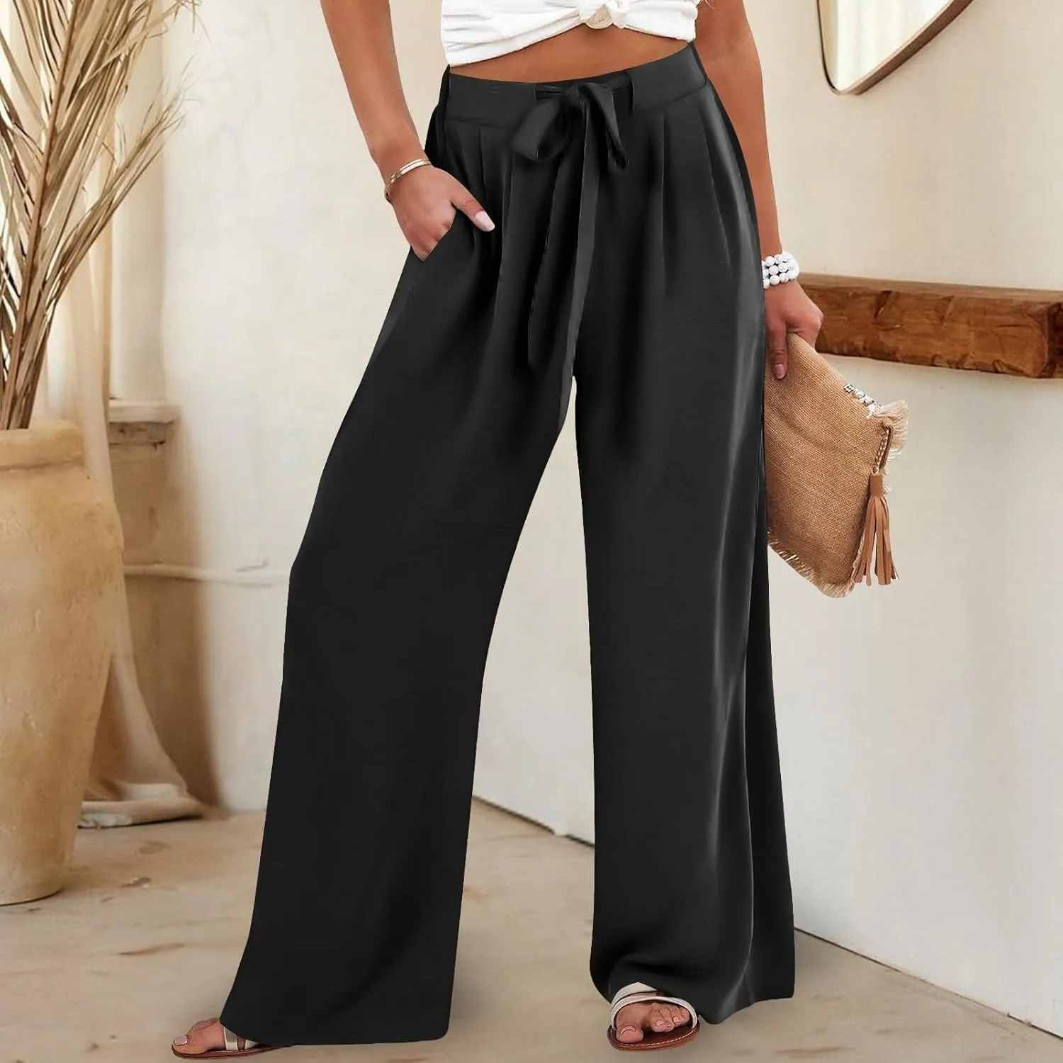 Pants for Women Trendy Casual Wide Leg Business Trousers High Waist Bandage Loose Long Pants with Pocket