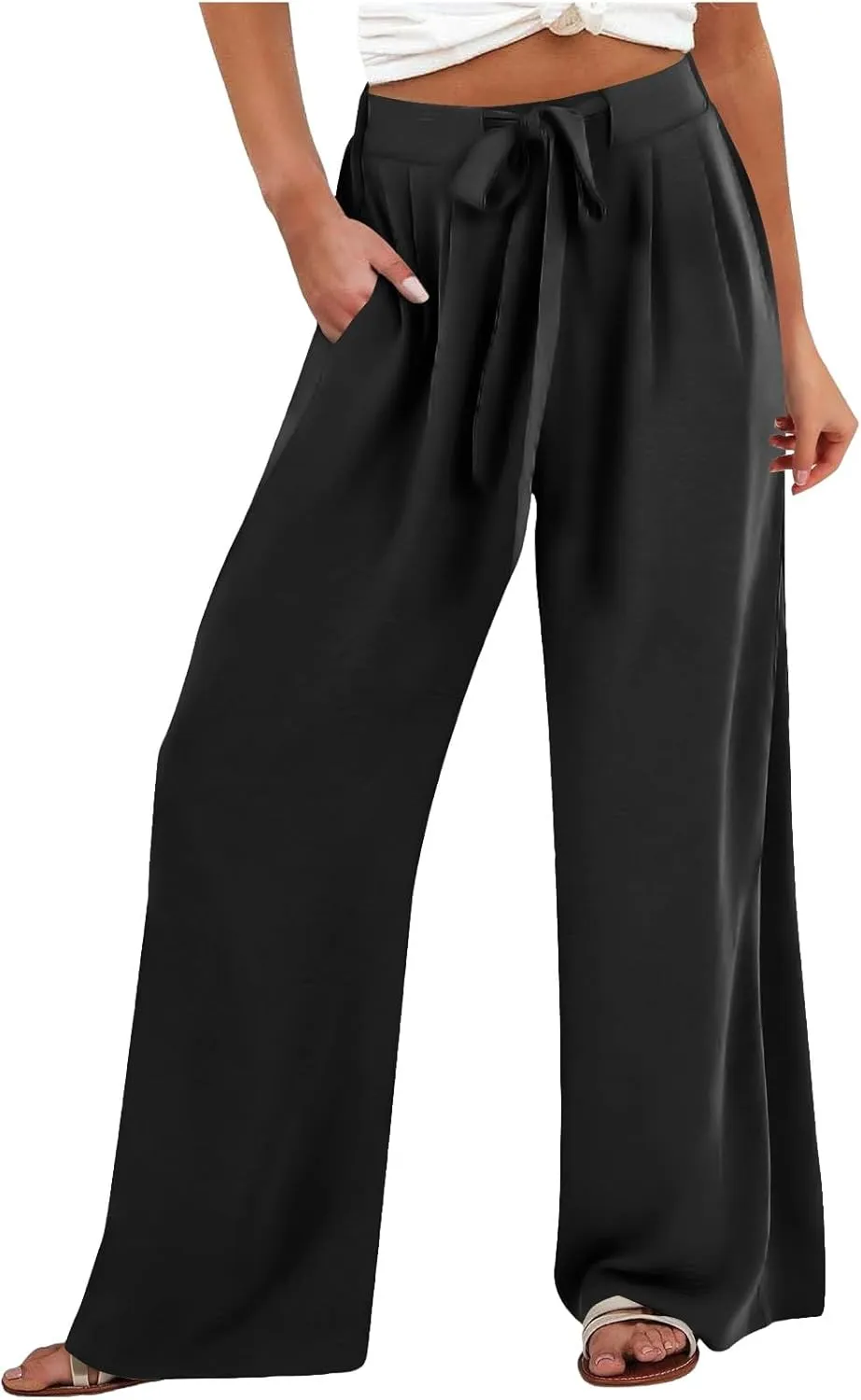 Pants for Women Trendy Casual Wide Leg Business Trousers High Waist Bandage Loose Long Pants with Pocket