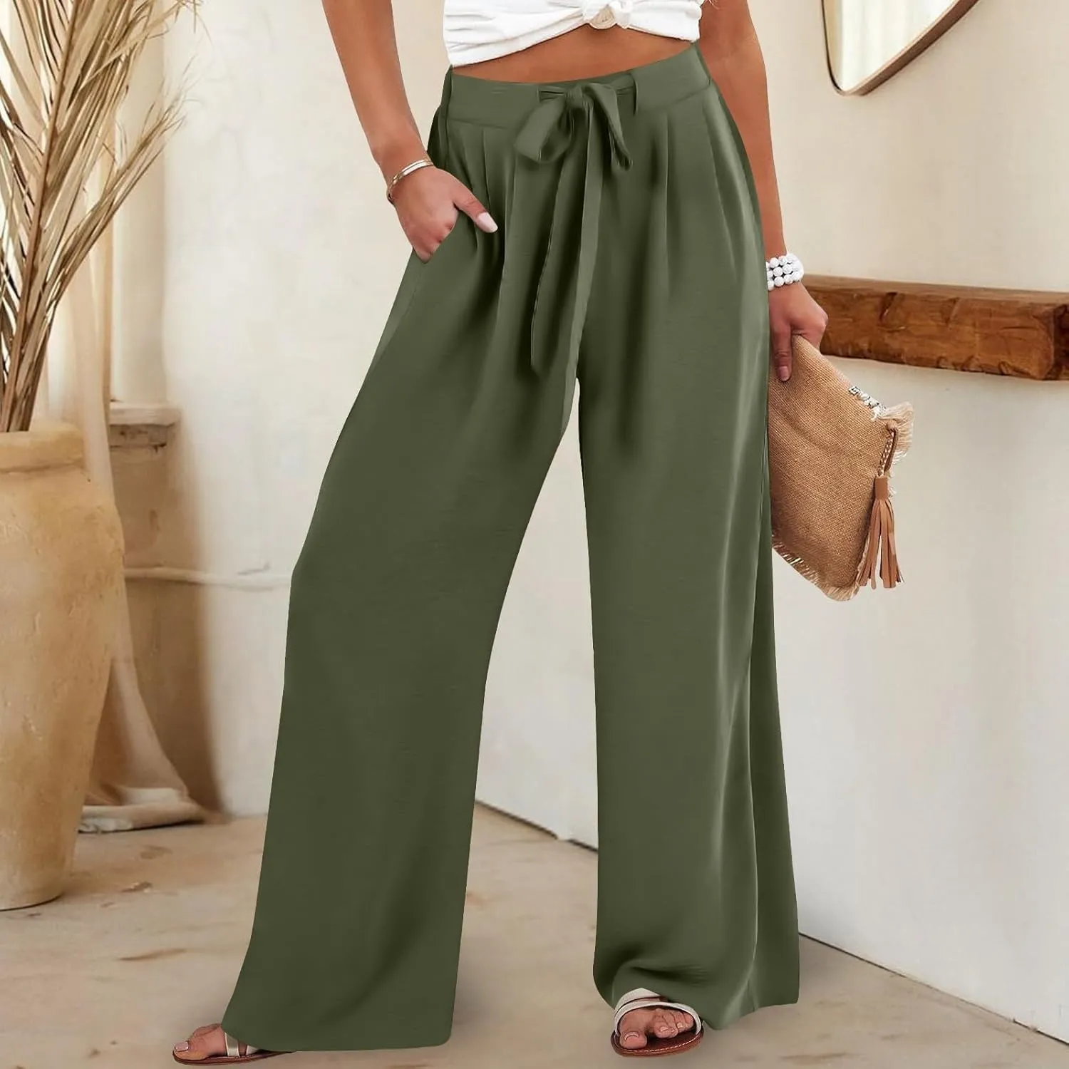 Pants for Women Trendy Casual Wide Leg Business Trousers High Waist Bandage Loose Long Pants with Pocket