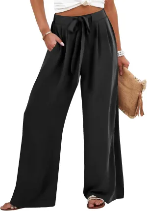 Pants for Women Trendy Casual Wide Leg Business Trousers High Waist Bandage Loose Long Pants with Pocket