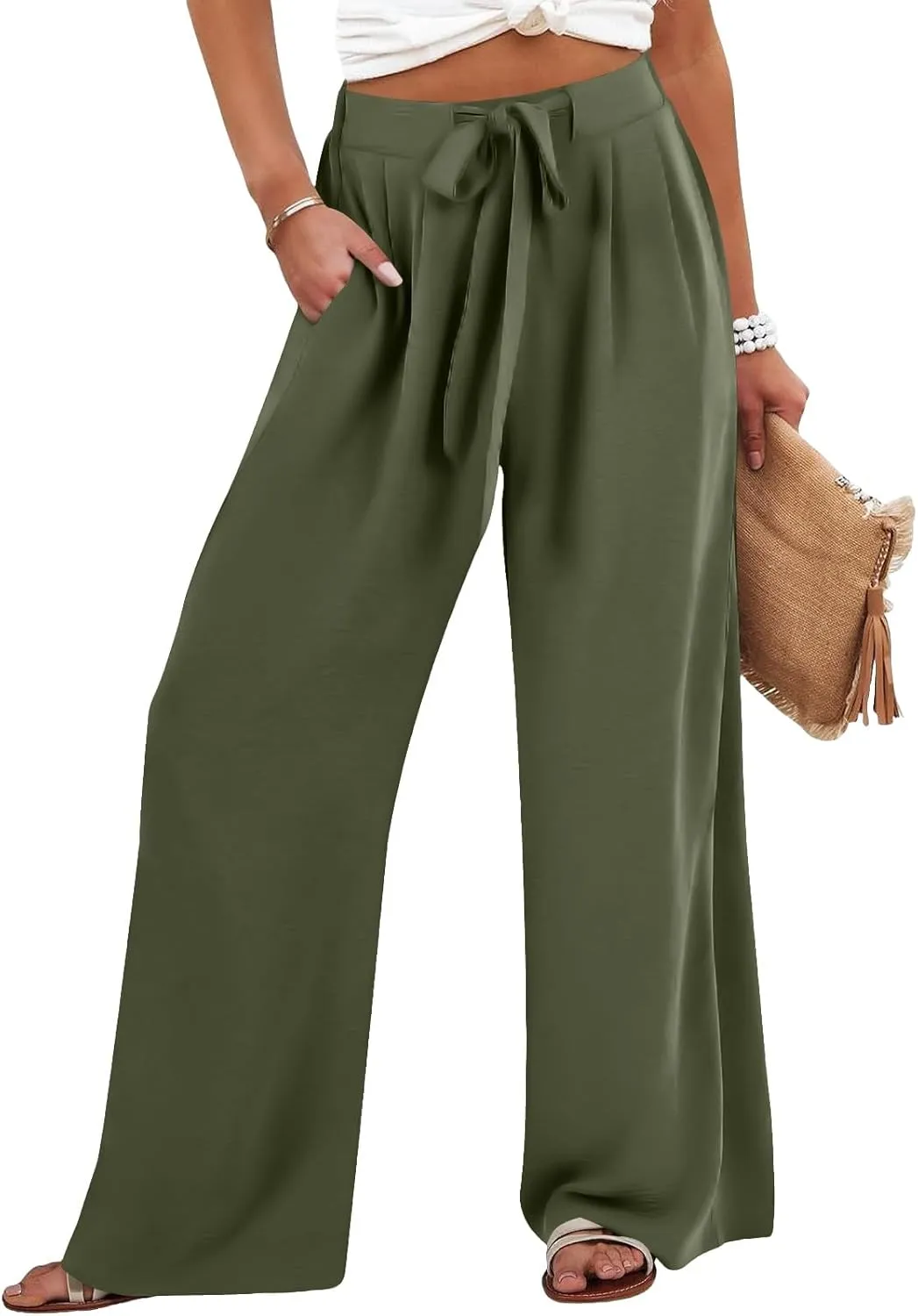 Pants for Women Trendy Casual Wide Leg Business Trousers High Waist Bandage Loose Long Pants with Pocket
