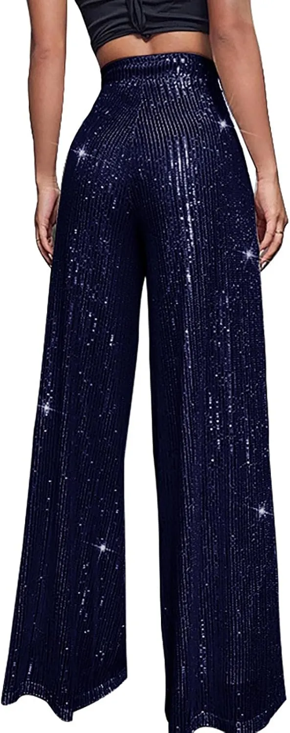 Pants for Women Womens High Waist Casual Loose Sparkle Sequin Shiny Wide Leg Flare Palazzo Pants Trousers