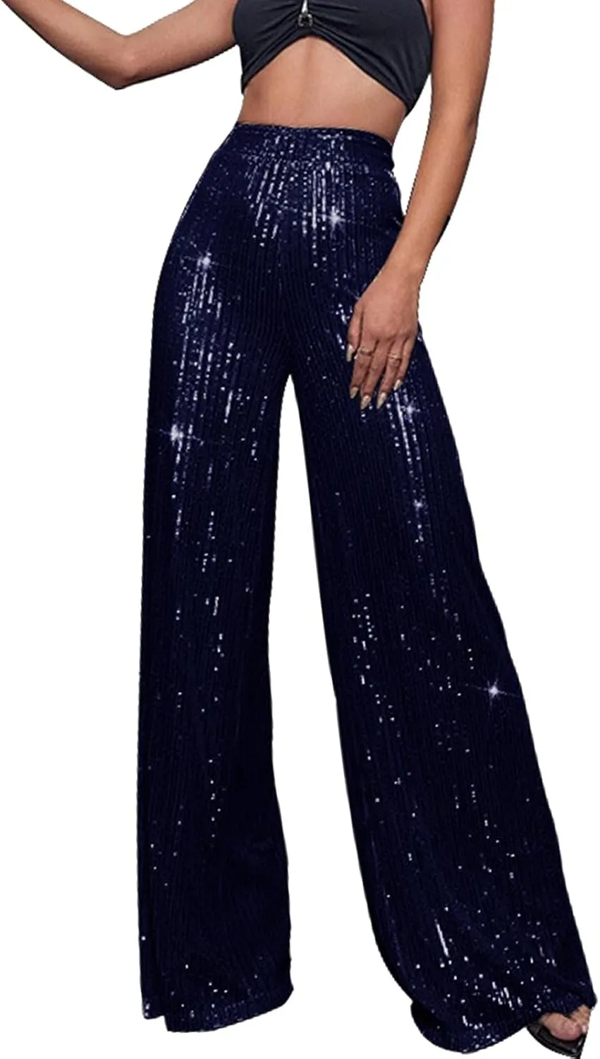 Pants for Women Womens High Waist Casual Loose Sparkle Sequin Shiny Wide Leg Flare Palazzo Pants Trousers