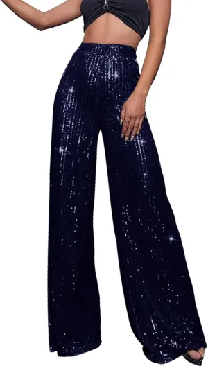 Pants for Women Womens High Waist Casual Loose Sparkle Sequin Shiny Wide Leg Flare Palazzo Pants Trousers