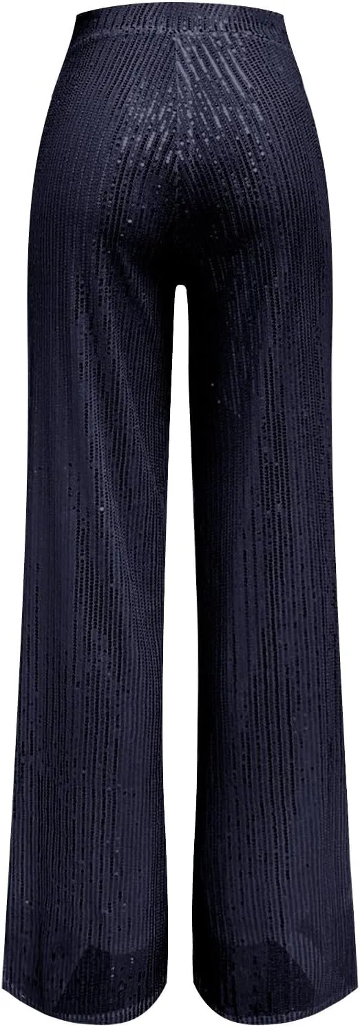 Pants for Women Womens High Waist Casual Loose Sparkle Sequin Shiny Wide Leg Flare Palazzo Pants Trousers