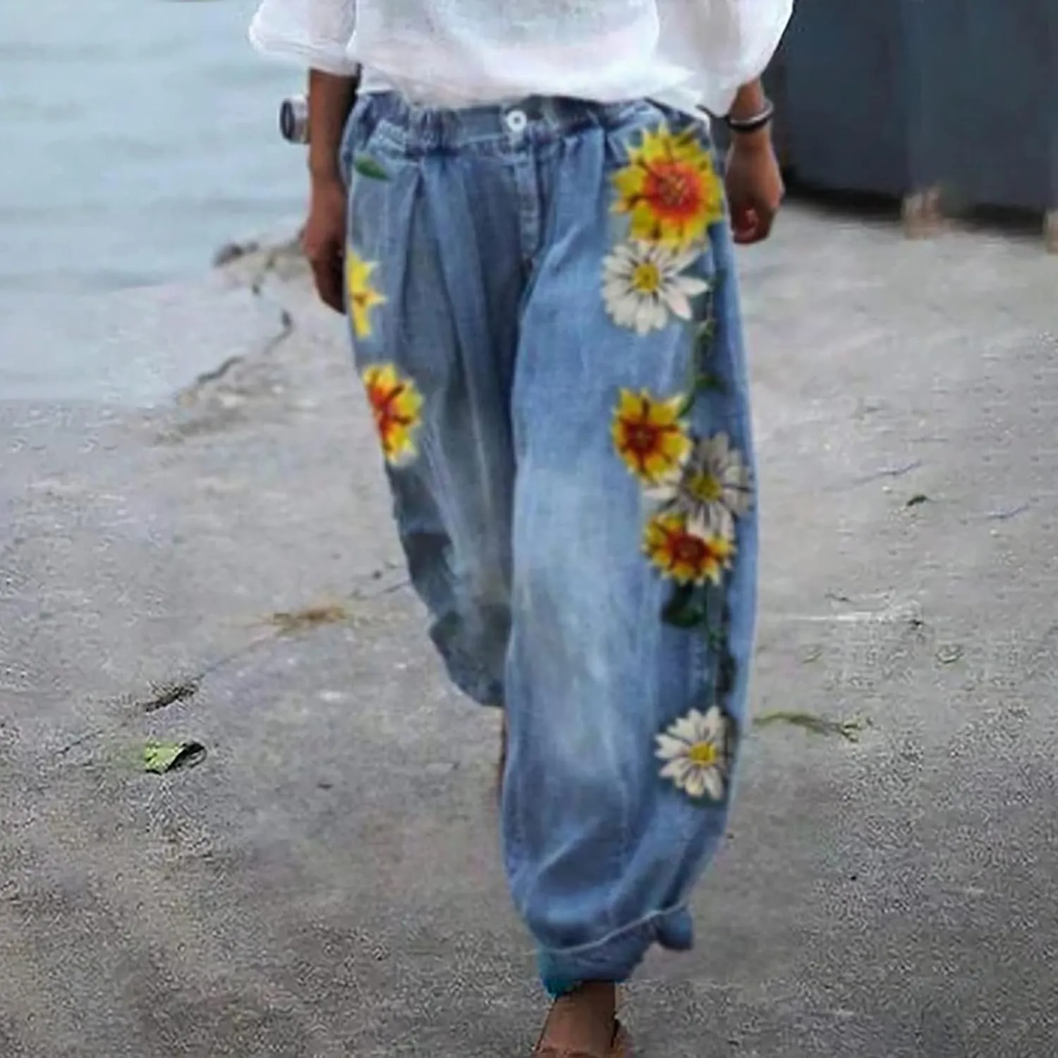 Pants for Women Women's Wide Leg Baggy Jeans Plus Size Loose Elastic Waist Denim Pants with Deep Pockets