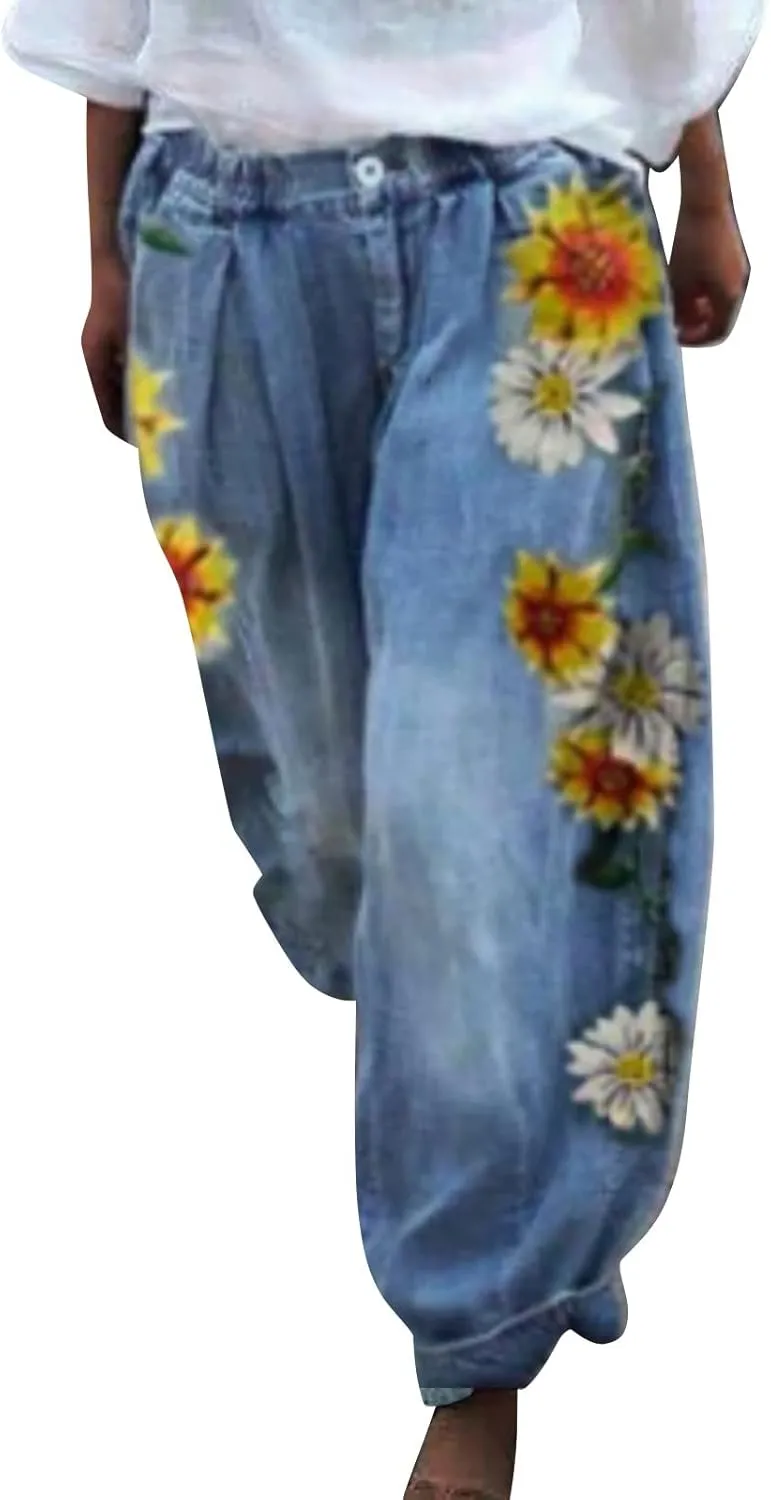 Pants for Women Women's Wide Leg Baggy Jeans Plus Size Loose Elastic Waist Denim Pants with Deep Pockets