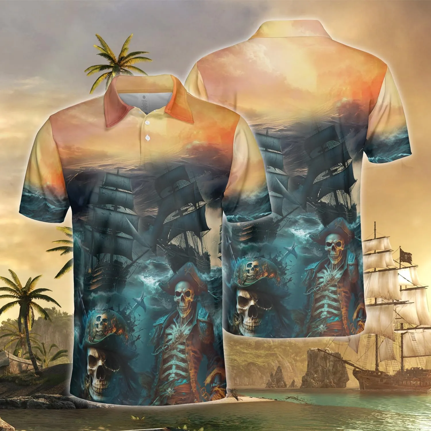Pirate Polo Shirts for Men - Pirate Lover Stylish Mens Goft Shirt Casual Short Sleeve Button Down Outfit Set 67