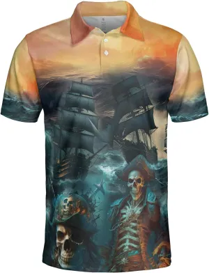 Pirate Polo Shirts for Men - Pirate Lover Stylish Mens Goft Shirt Casual Short Sleeve Button Down Outfit Set 67