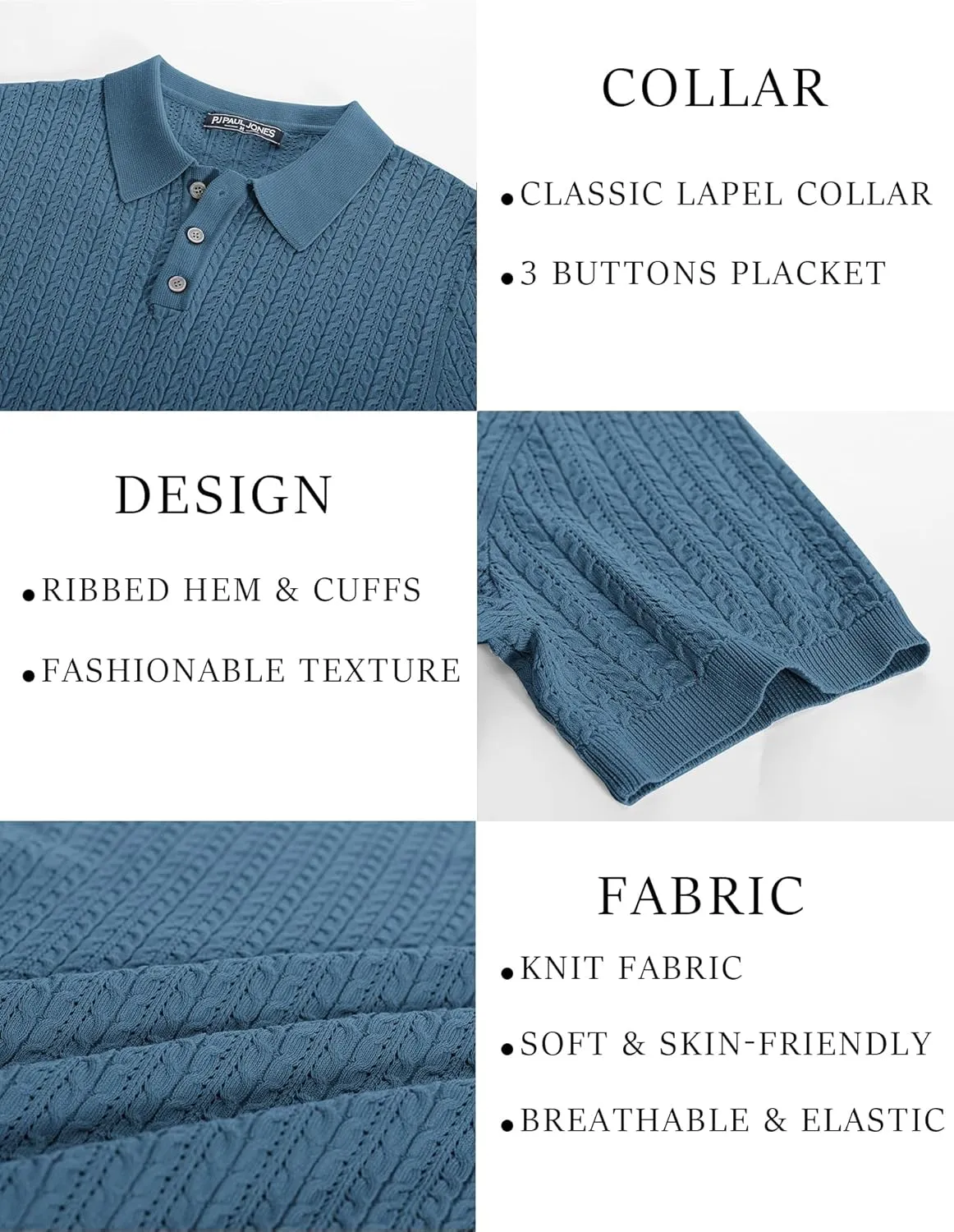PJ PAUL JONES Mens Knit Polo Shirt Short Sleeve Hollow Out Knit Shirt Texture Knitted Polo