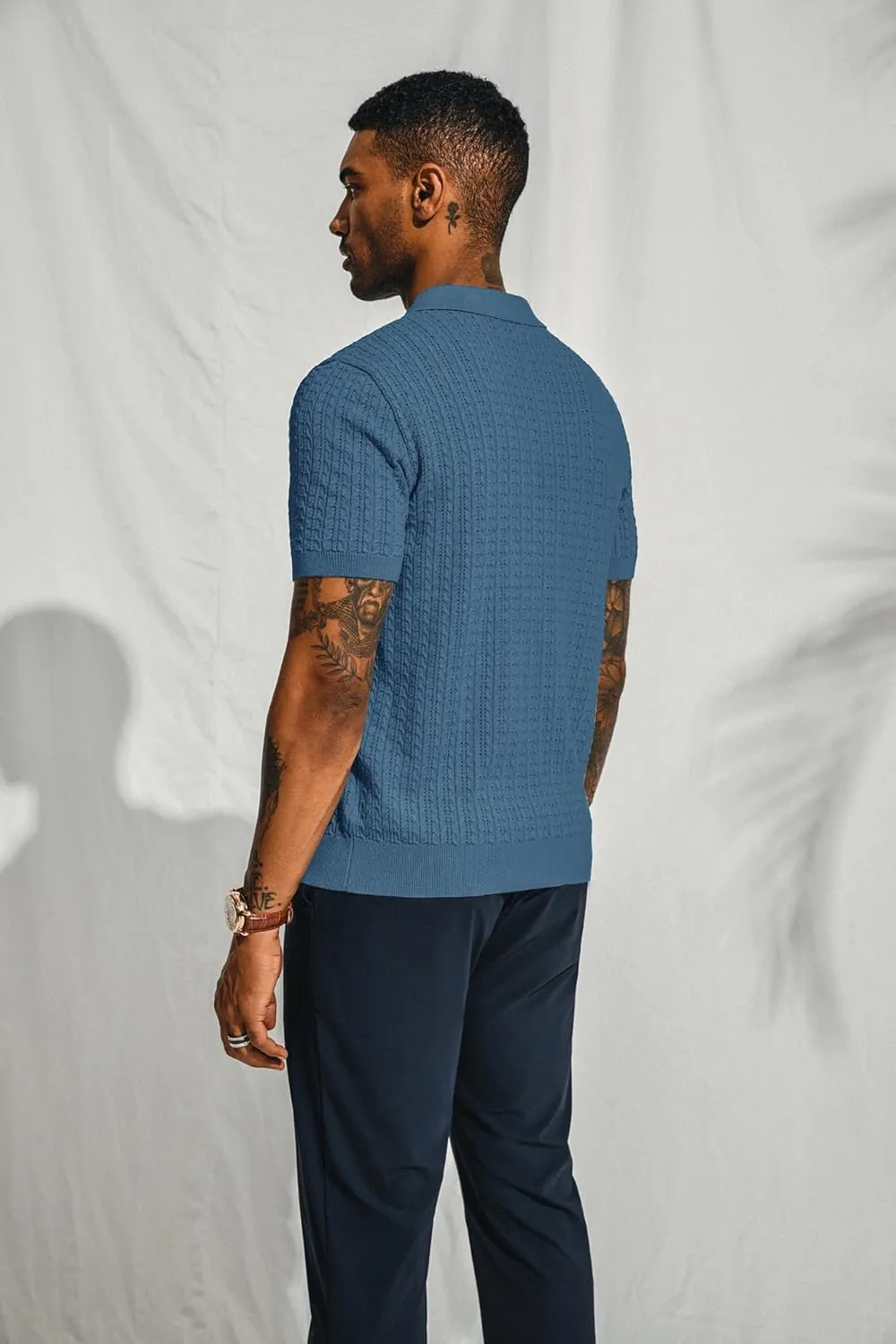 PJ PAUL JONES Mens Knit Polo Shirt Short Sleeve Hollow Out Knit Shirt Texture Knitted Polo