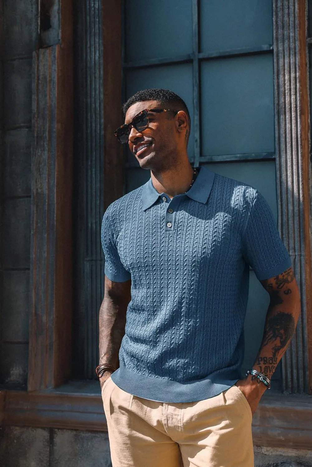PJ PAUL JONES Mens Knit Polo Shirt Short Sleeve Hollow Out Knit Shirt Texture Knitted Polo