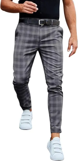 Plaid Dress Pants for Men Slim Fit Stretch Zip Up Business Work Pants Casual Outdoor Sports Golf Pants Pencil Chino Pants
