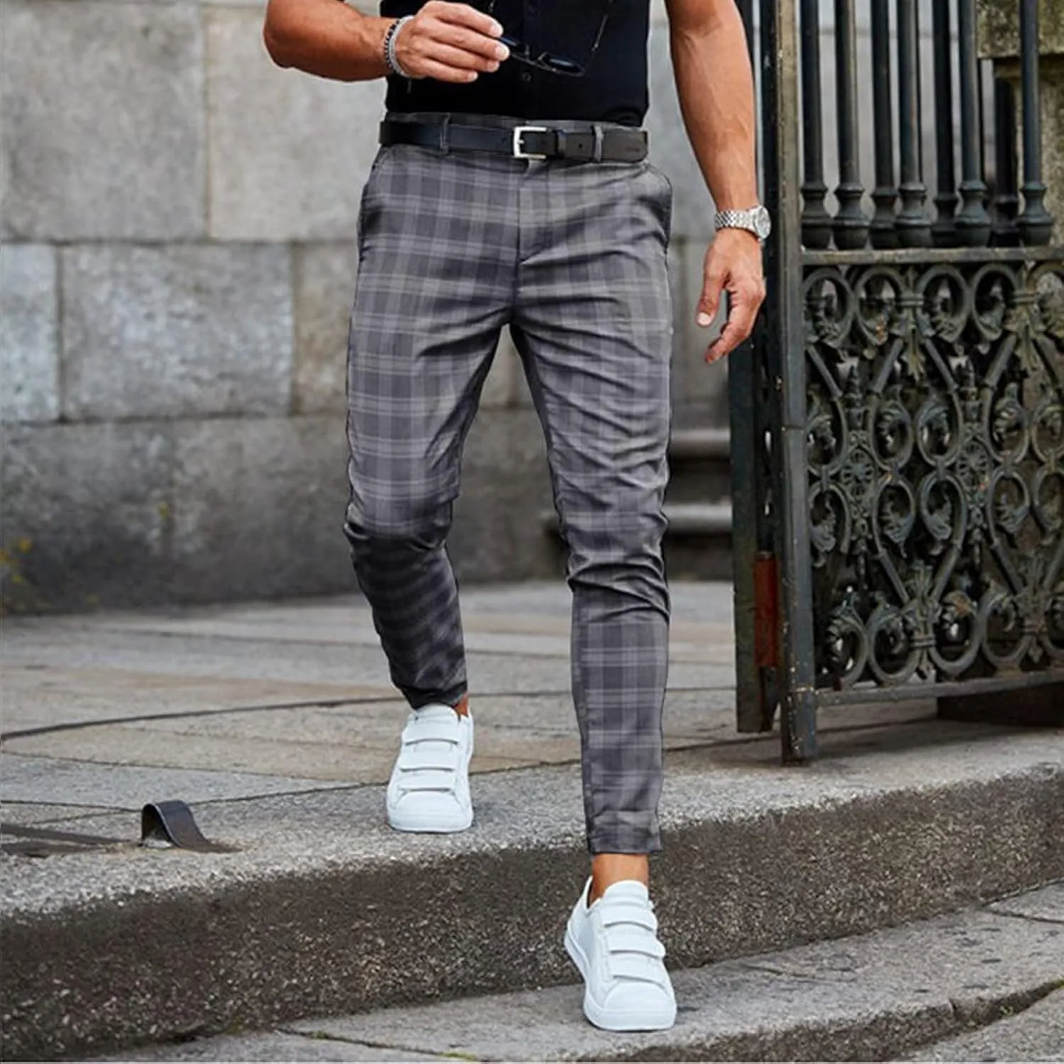 Plaid Dress Pants for Men Slim Fit Stretch Zip Up Business Work Pants Casual Outdoor Sports Golf Pants Pencil Chino Pants
