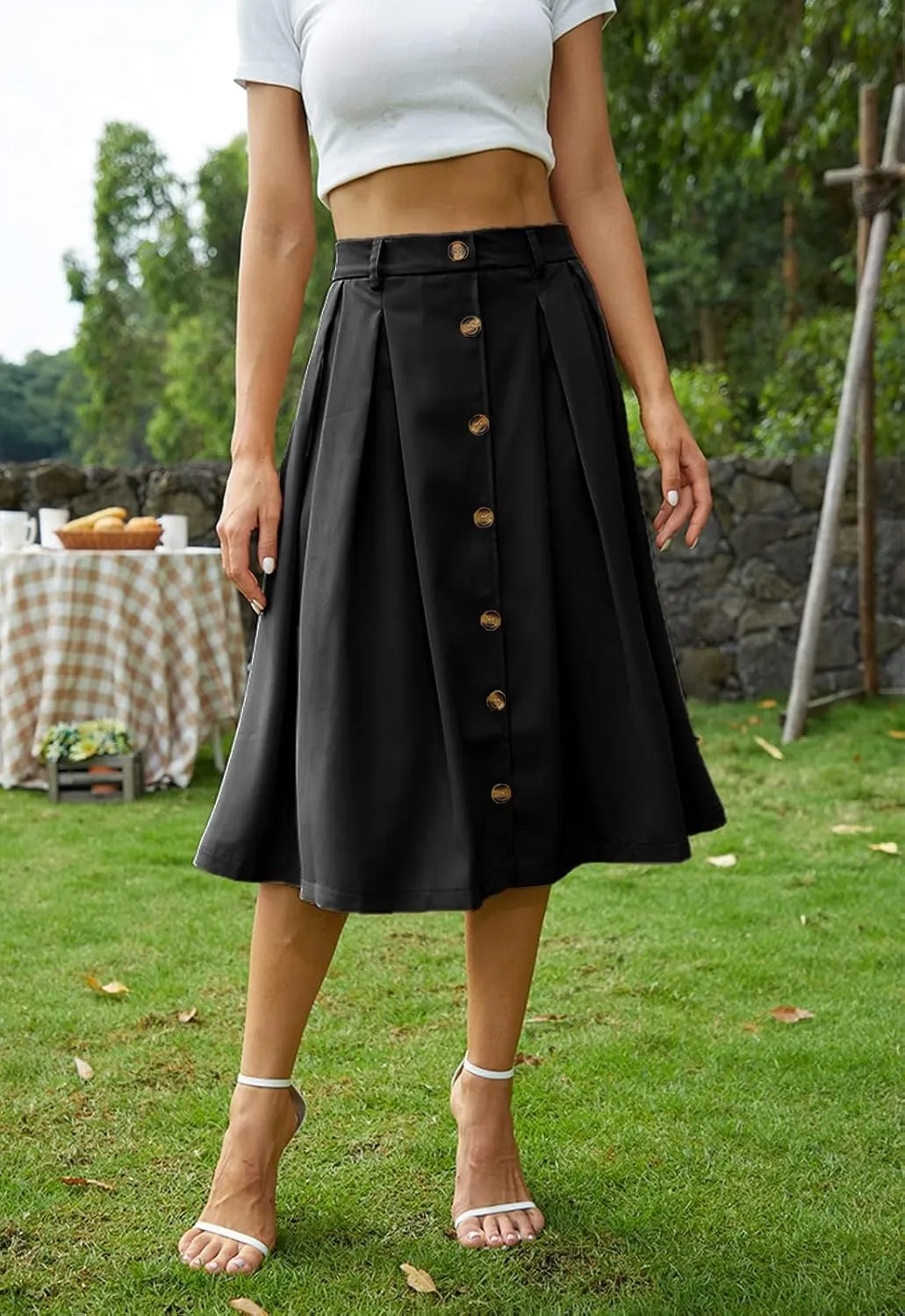 Pleated A-line Midi Skirt Elastic Waist Button Front Casual Flared Long Skirts with Pocket for Women