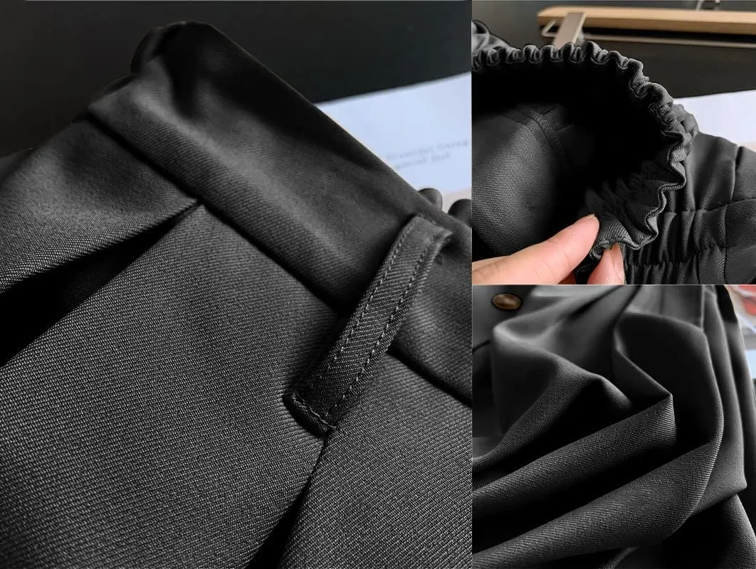 Pleated A-line Midi Skirt Elastic Waist Button Front Casual Flared Long Skirts with Pocket for Women