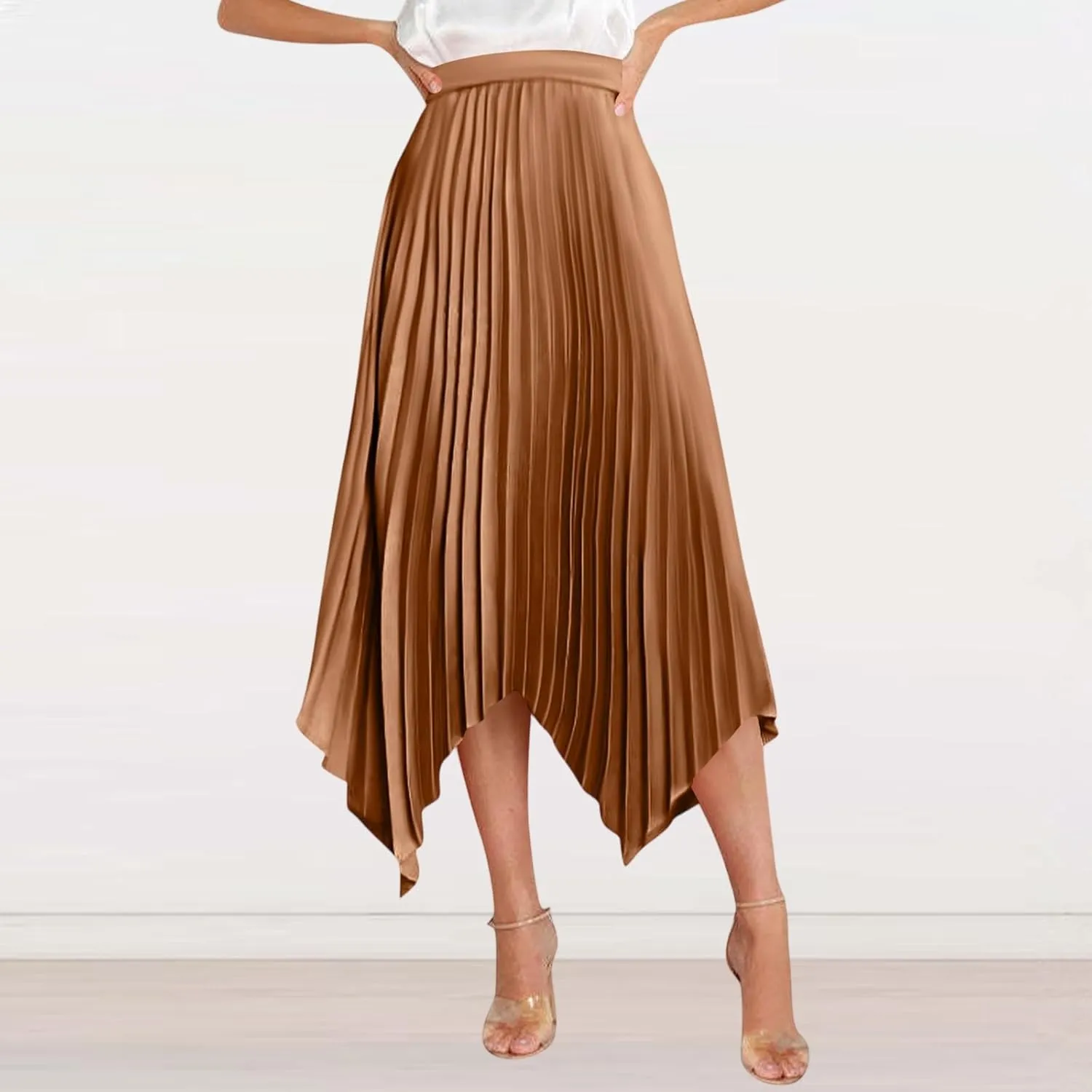 Pleated Skirts for Women Summer Casual Flowy Satin Asymmetrical Elastic High Waisted Cocktail Work A Line Midi Skirts