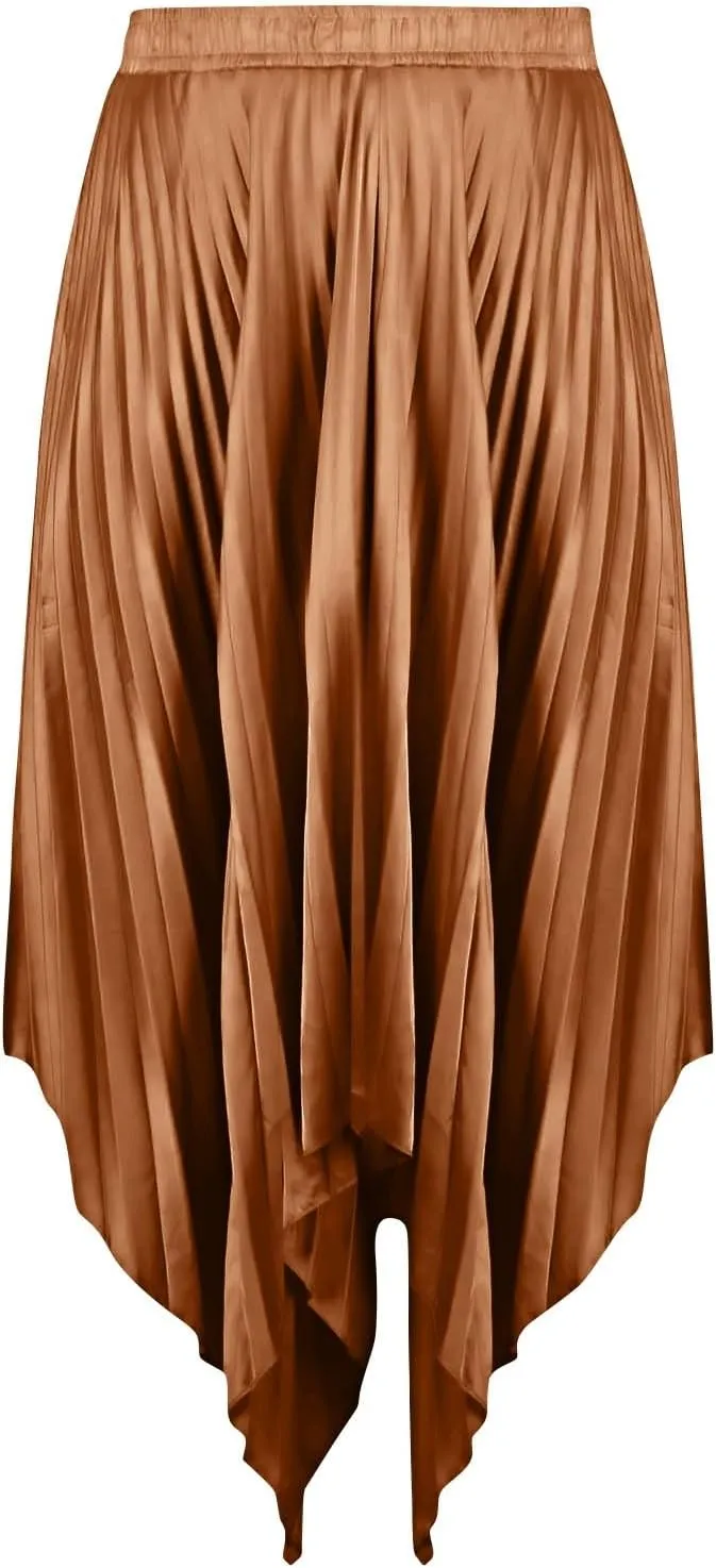 Pleated Skirts for Women Summer Casual Flowy Satin Asymmetrical Elastic High Waisted Cocktail Work A Line Midi Skirts