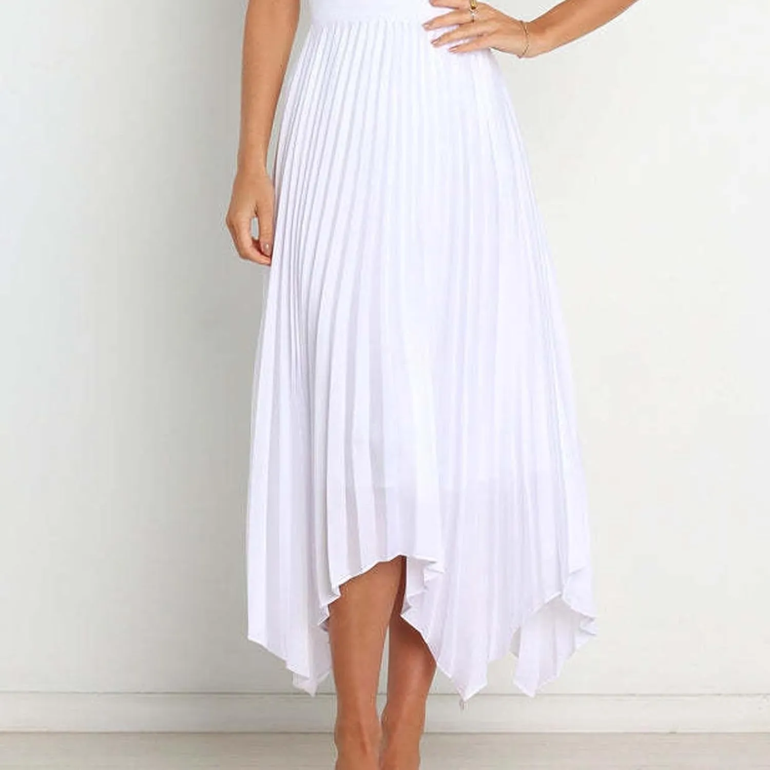 Pleated Skirts for Women Summer Casual Flowy Satin Asymmetrical Elastic High Waisted Cocktail Work A Line Midi Skirts