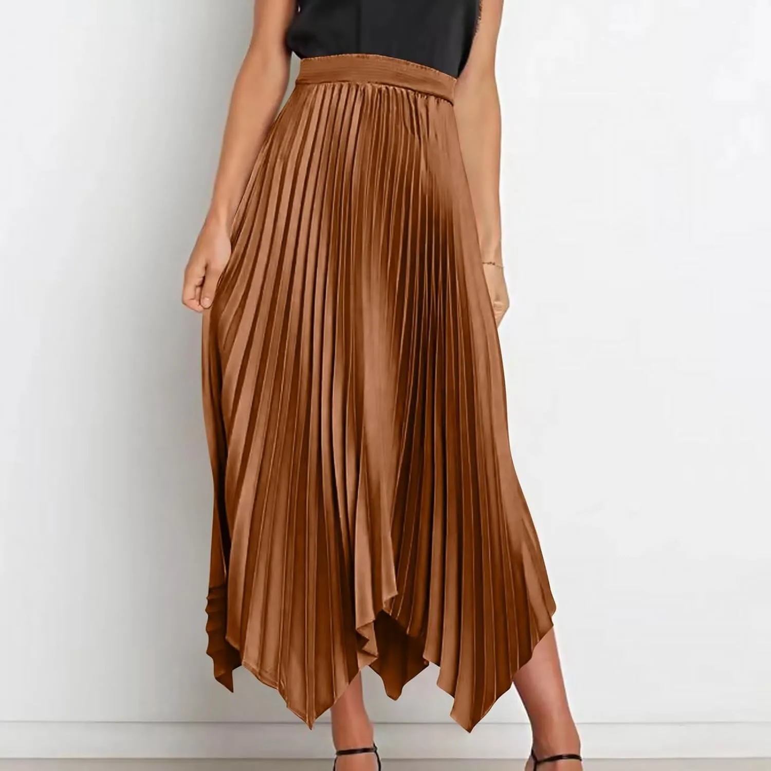 Pleated Skirts for Women Summer Casual Flowy Satin Asymmetrical Elastic High Waisted Cocktail Work A Line Midi Skirts