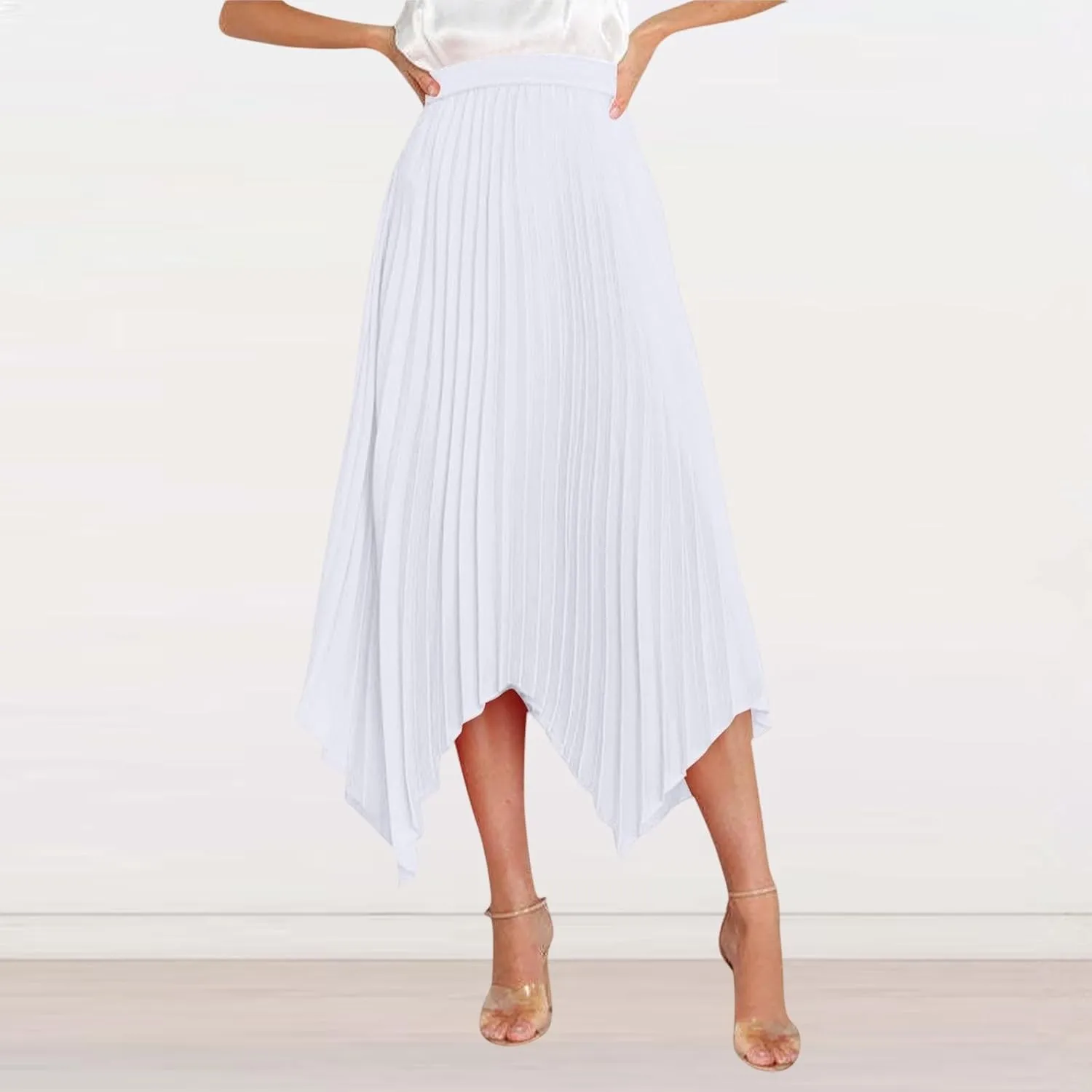 Pleated Skirts for Women Summer Casual Flowy Satin Asymmetrical Elastic High Waisted Cocktail Work A Line Midi Skirts