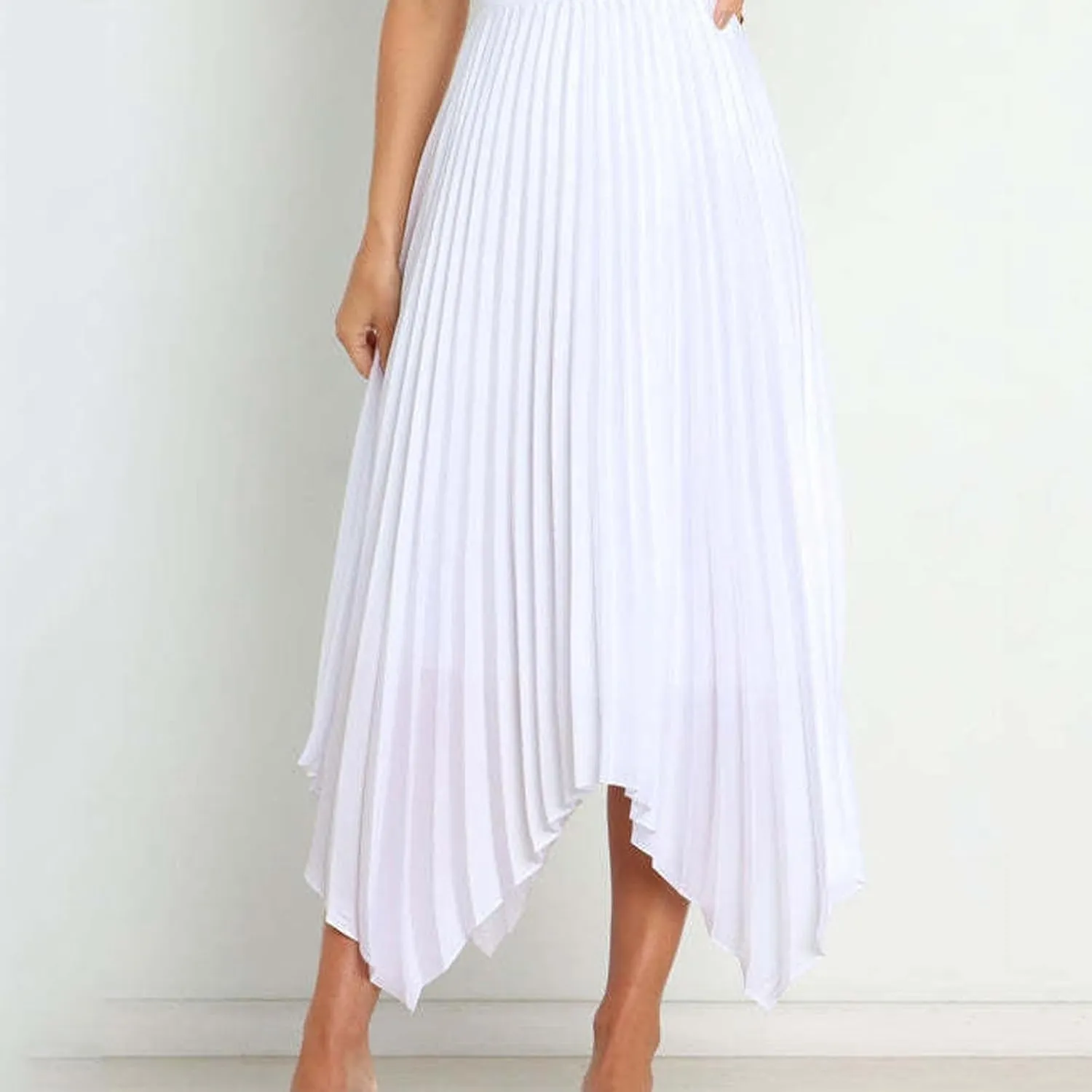 Pleated Skirts for Women Summer Casual Flowy Satin Asymmetrical Elastic High Waisted Cocktail Work A Line Midi Skirts