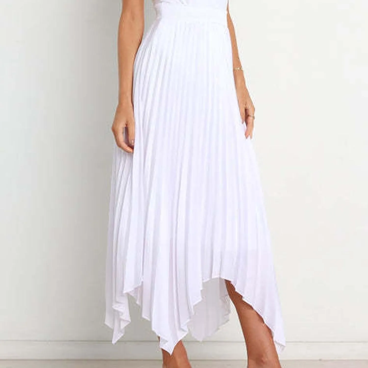 Pleated Skirts for Women Summer Casual Flowy Satin Asymmetrical Elastic High Waisted Cocktail Work A Line Midi Skirts