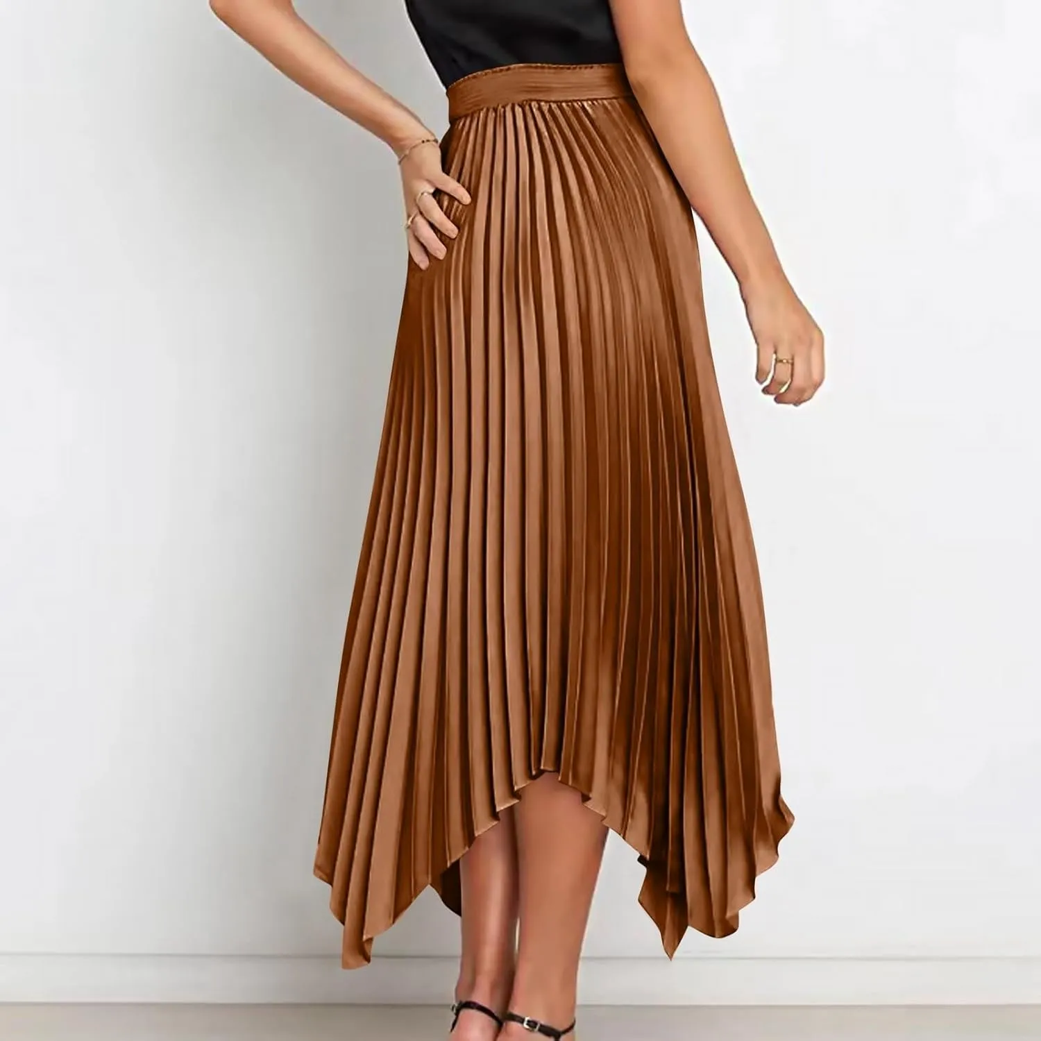 Pleated Skirts for Women Summer Casual Flowy Satin Asymmetrical Elastic High Waisted Cocktail Work A Line Midi Skirts