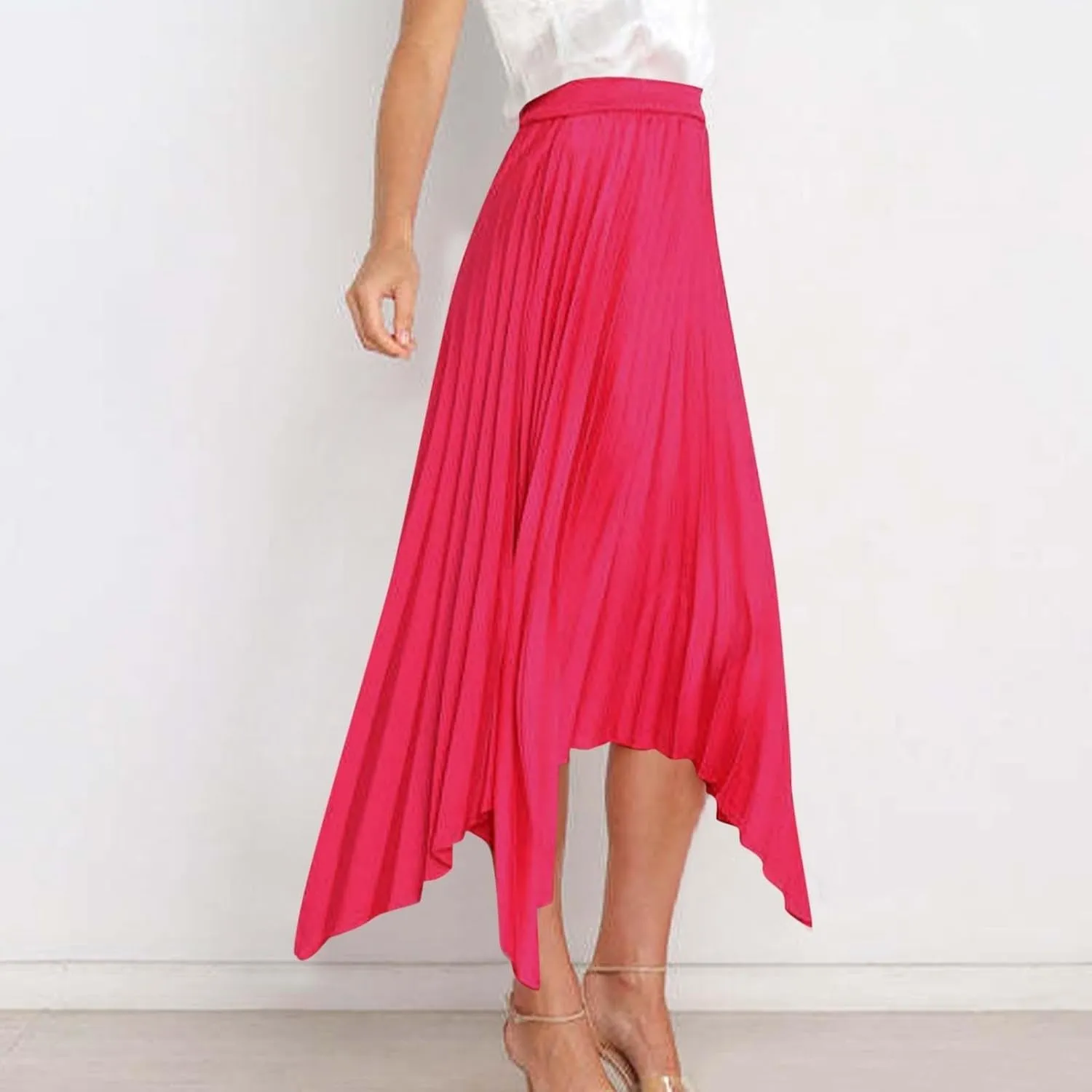 Pleated Skirts for Women Summer Casual Flowy Satin Asymmetrical Elastic High Waisted Cocktail Work A Line Midi Skirts