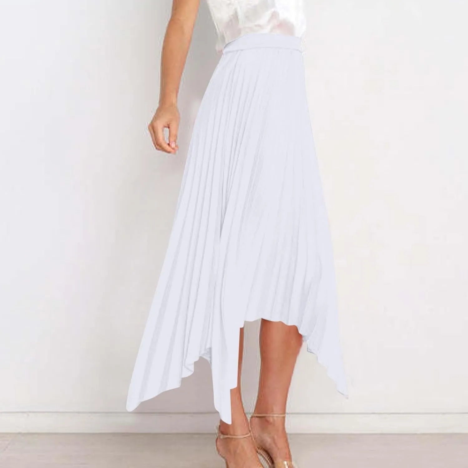 Pleated Skirts for Women Summer Casual Flowy Satin Asymmetrical Elastic High Waisted Cocktail Work A Line Midi Skirts