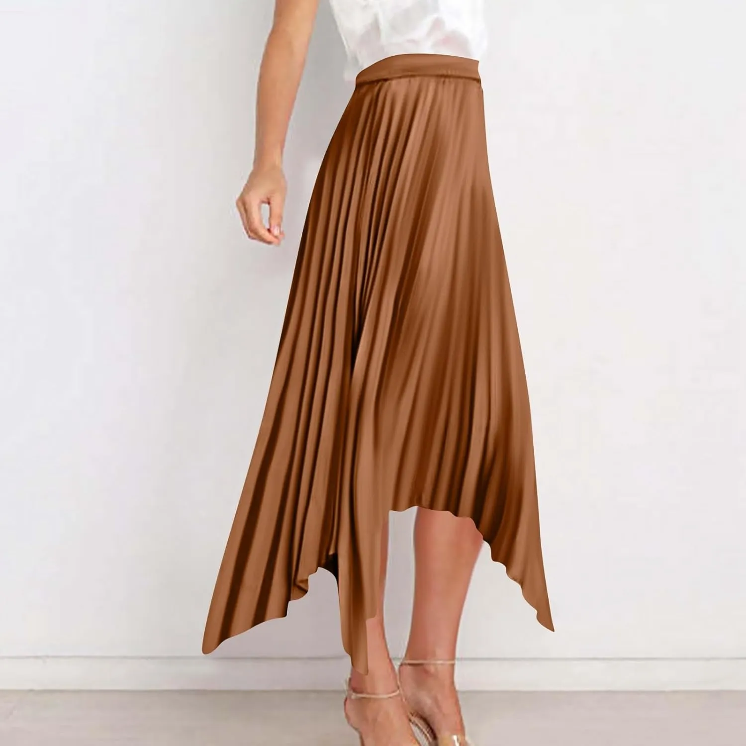 Pleated Skirts for Women Summer Casual Flowy Satin Asymmetrical Elastic High Waisted Cocktail Work A Line Midi Skirts